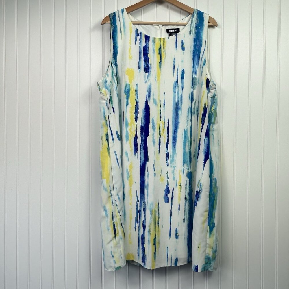 DKNY Sleeveless Multicolor Abstract Print Dress Size 16 Pockets Lined Beachy